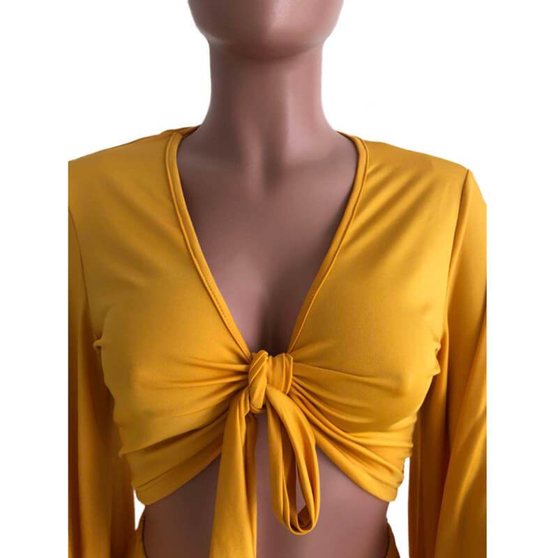Plus Size Ruffle 2 Piece Lace-up Top - yellow neckline