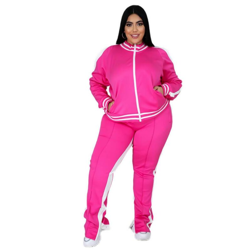 plus size two piece sweatsuit - rose red  color