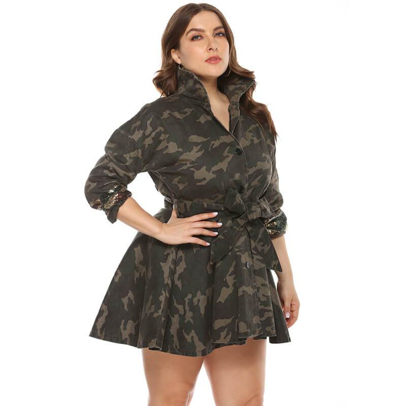 Plus Size Trench Coat Dress - camouflage color