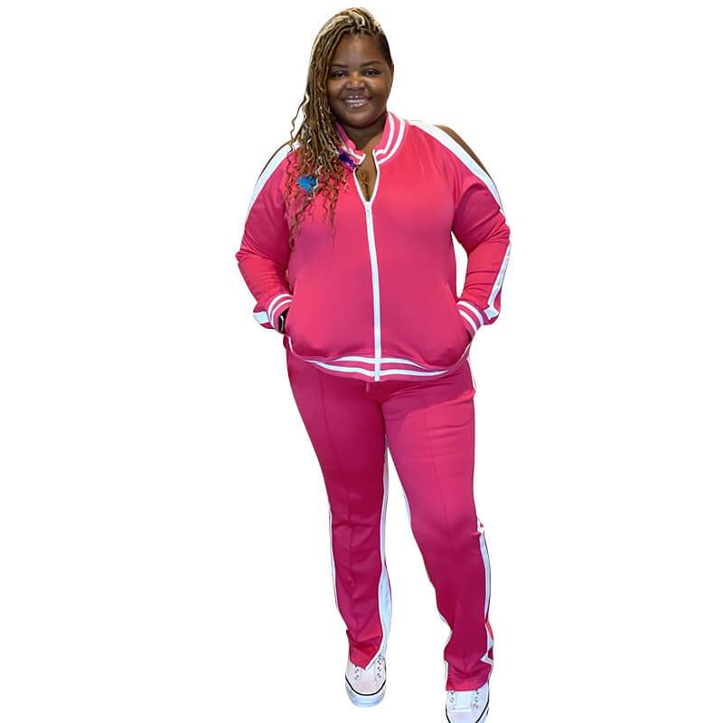 Plus Size Contrast Sports Two-piece Suit - rose red color