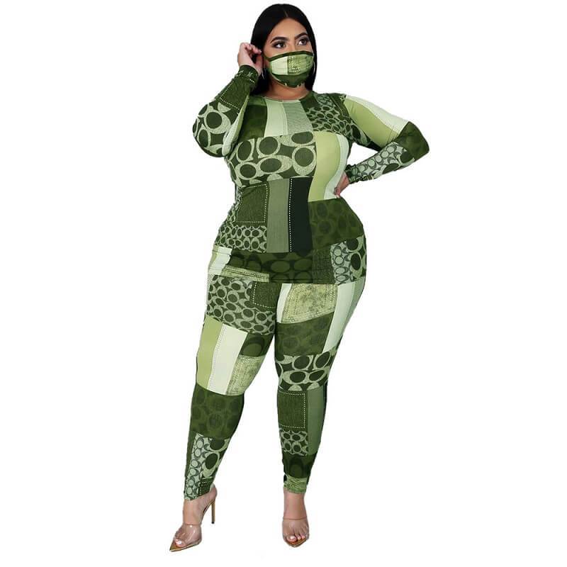 Plus Size Printed Long Sleeve Suit - green color