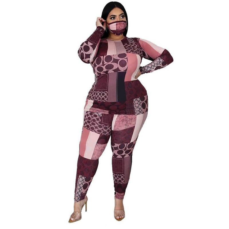 Plus Size Printed Long Sleeve Suit - pink color