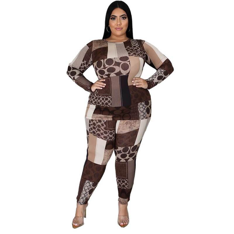 Plus Size Printed Long Sleeve Suit - brown color