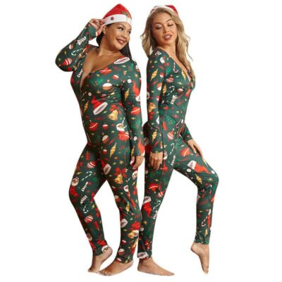 Plus Size Tight Christmas Jumpsuit - green color