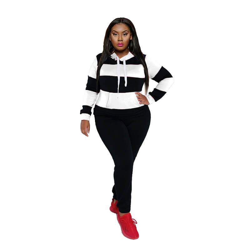 Plus Size Solid Color Two-piece Set - black and white color