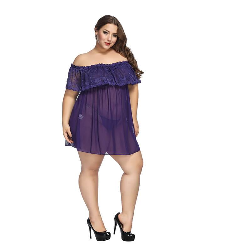 Plus Size Large Lace Pajamas One Shoulder Nightdress - purple  positive