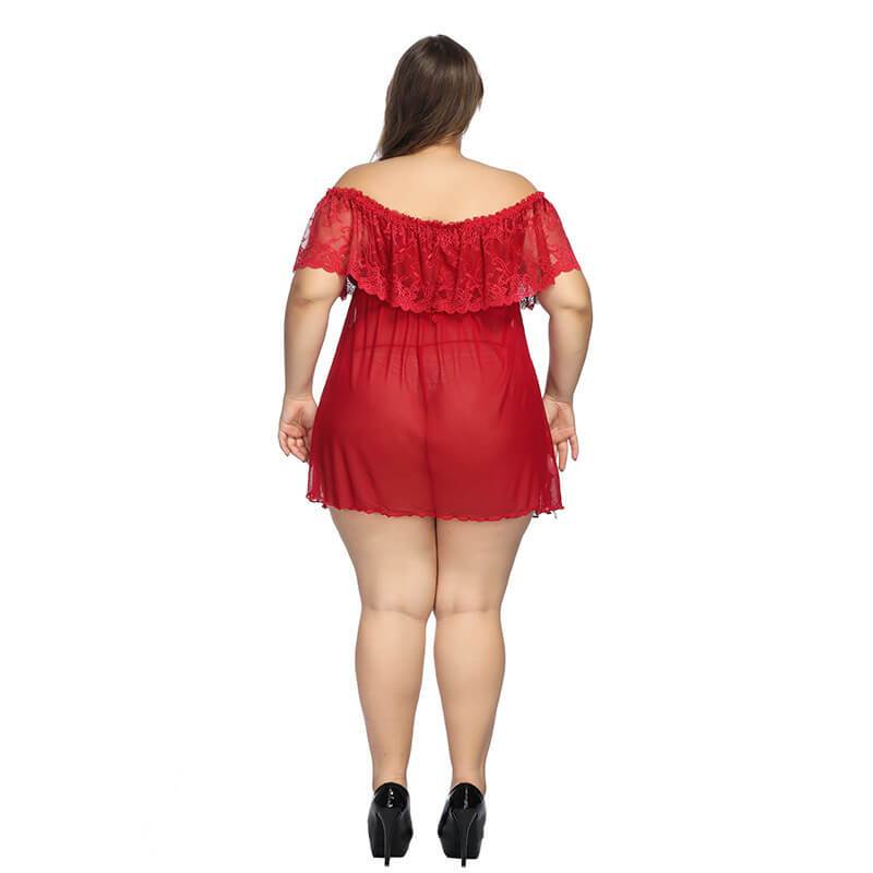 Plus Size Large Lace Pajamas One Shoulder Nightdress - red back