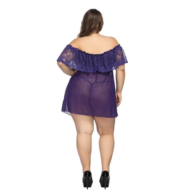 Plus Size Large Lace Pajamas One Shoulder Nightdress - purple back