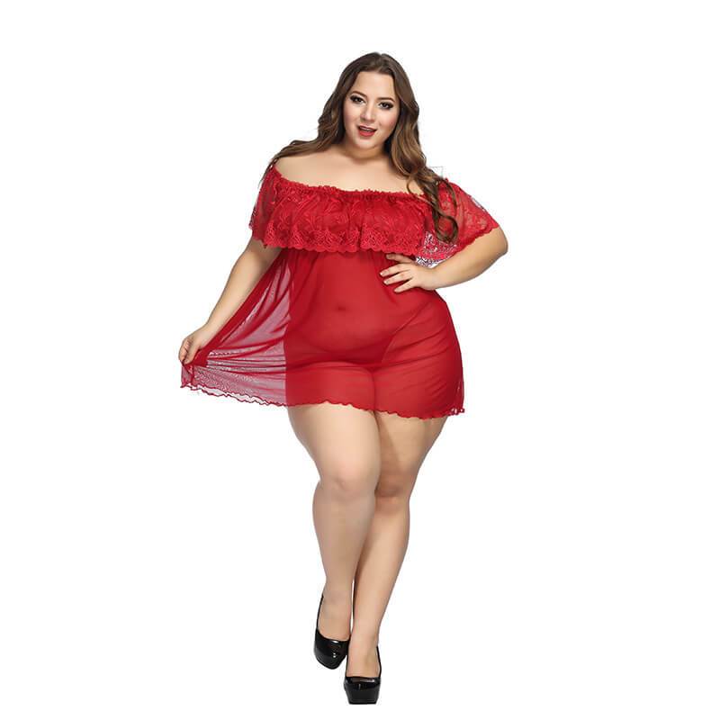 Plus Size Large Lace Pajamas One Shoulder Nightdress - red positive