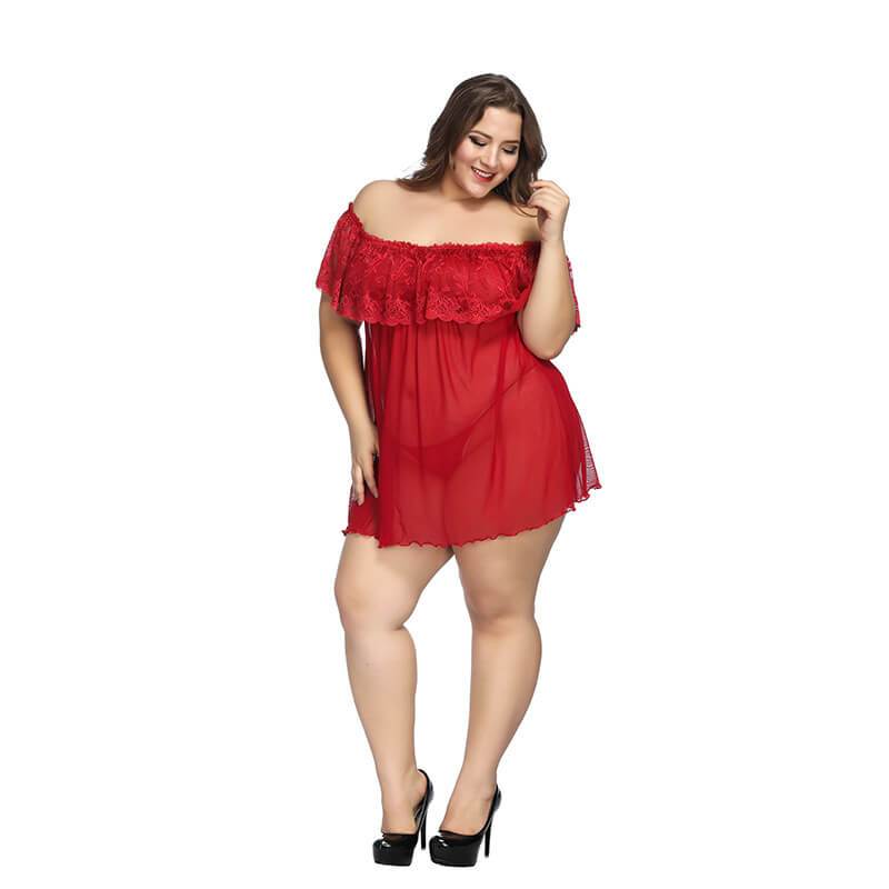 Plus Size Large Lace Pajamas One Shoulder Nightdress - red color