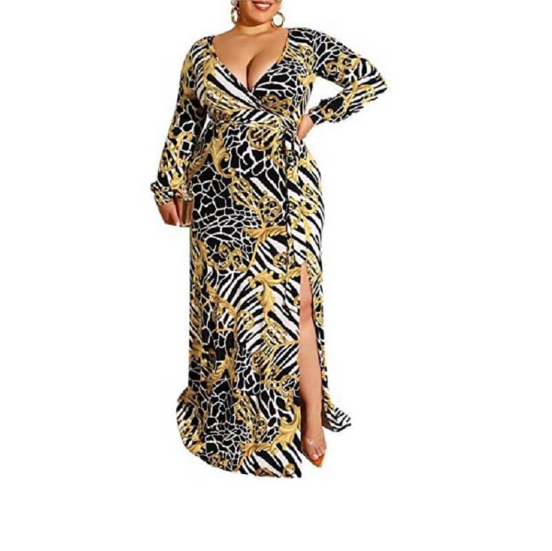 Plus Size Long-sleeved V-neck Dress - yellow color
