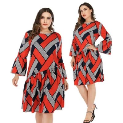 Oversized Two-tone Casual Dress - red main picture