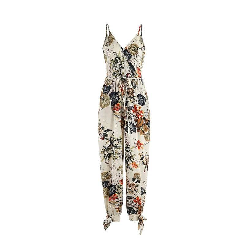 Plus Size Floral Jumpsuit  - digital printed rice white  color