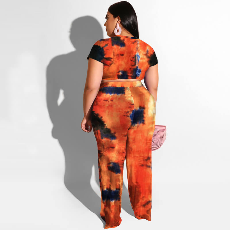 Plus Size Tie Dye Two Piece Set-deep orange -back