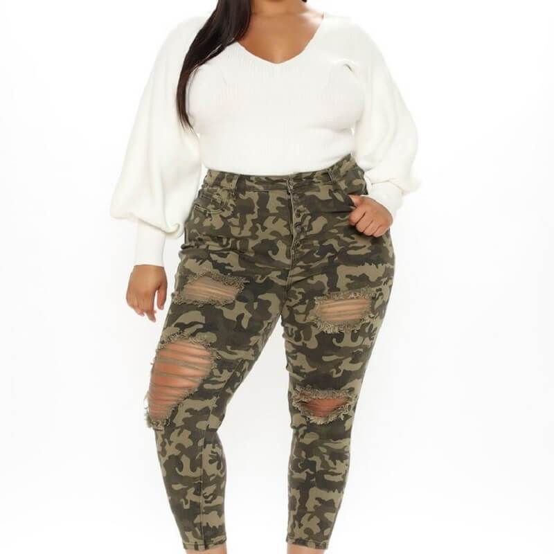 Plus Size Camouflage Jeans  - brown positive