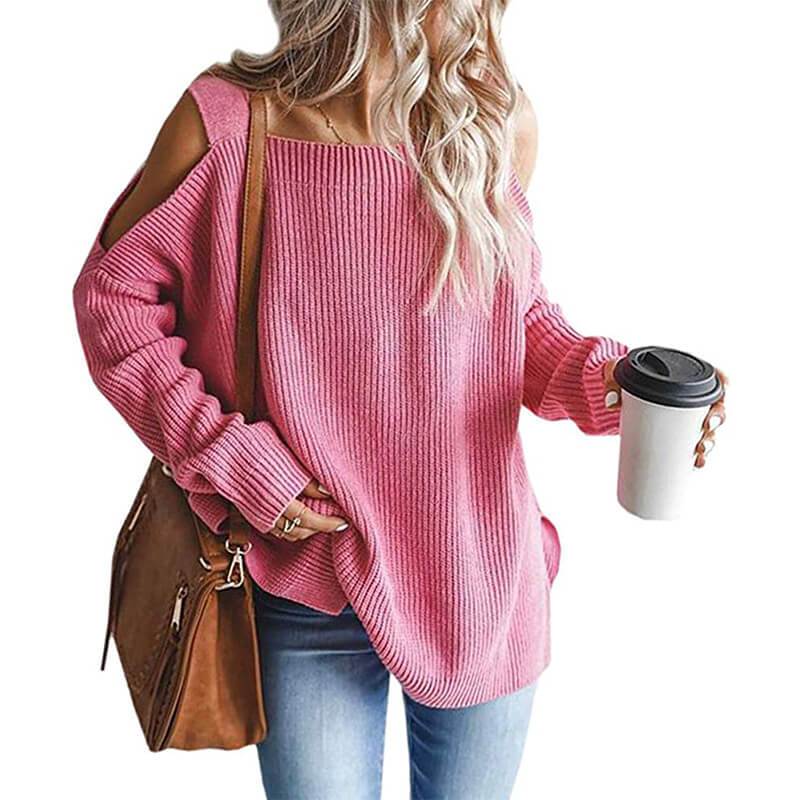 Plus Size Cold Shoulder Sweater - pink color
