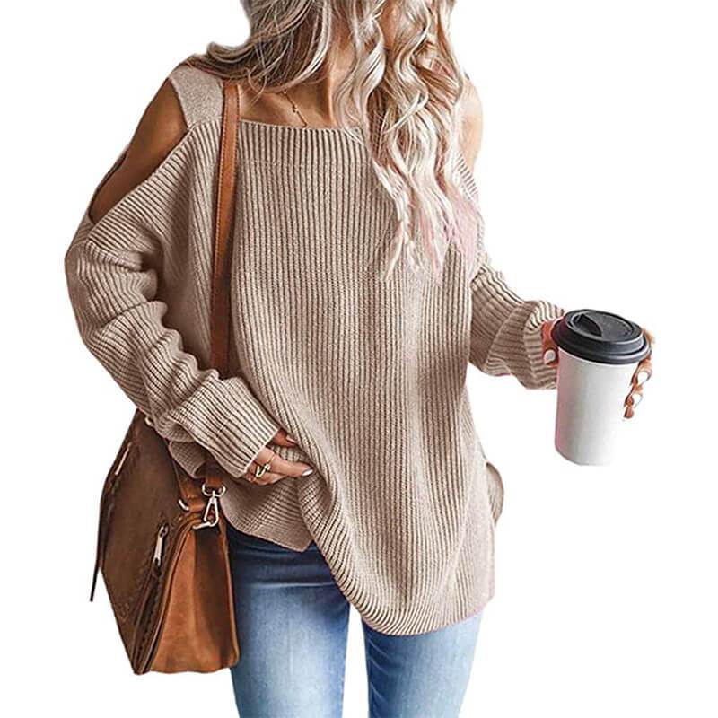 Plus Size Cold Shoulder Sweater - khaki color