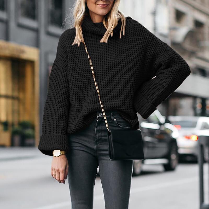 Plus Size Cowl Neck Sweater - black color