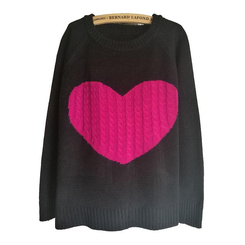 Plus Size Heart Sweater - red heard on black blackground positive