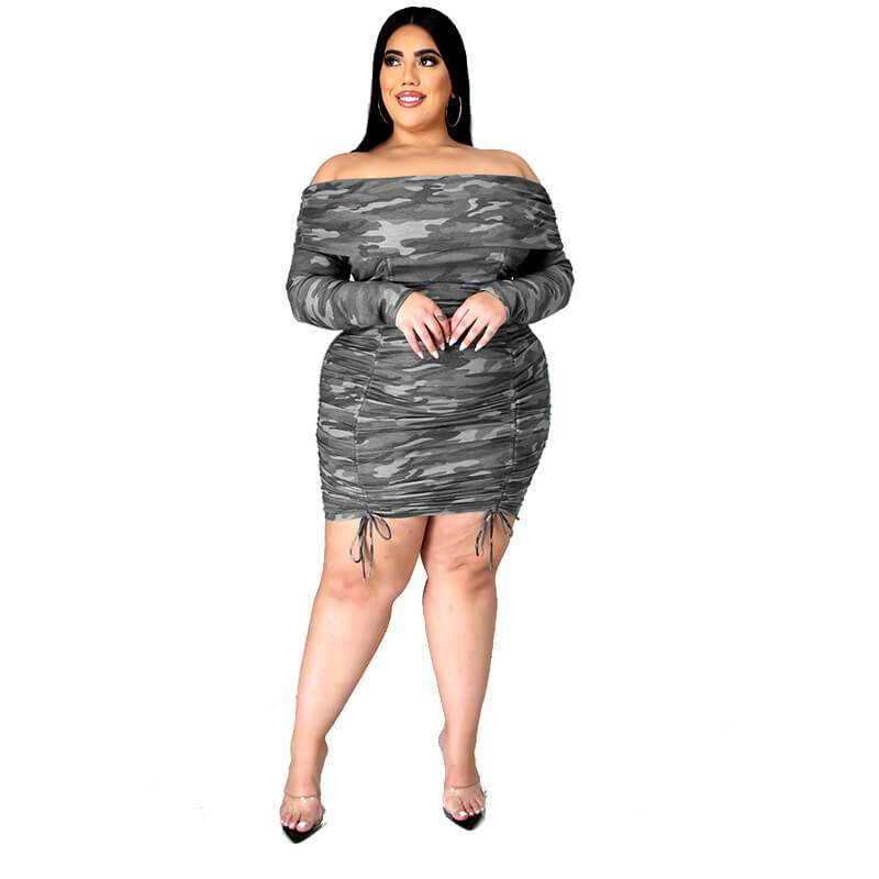 plus size ruched dress with sleeves - camouflage whole color