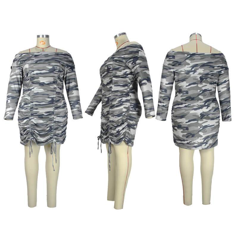 plus size ruched dress with sleeves - camouflage whole model picture