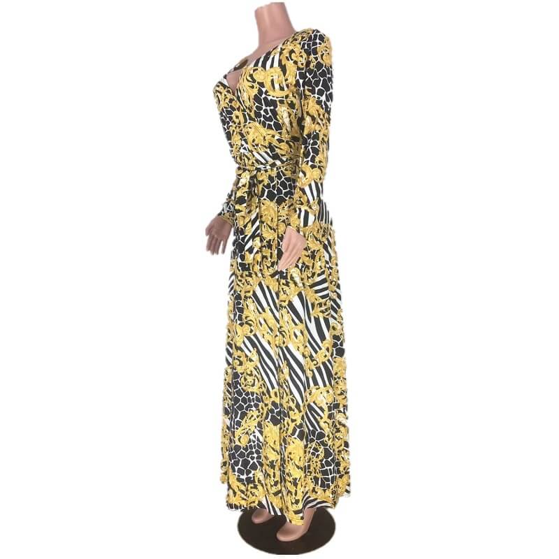 Plus Size Long-sleeved V-neck Dress - yellow side
