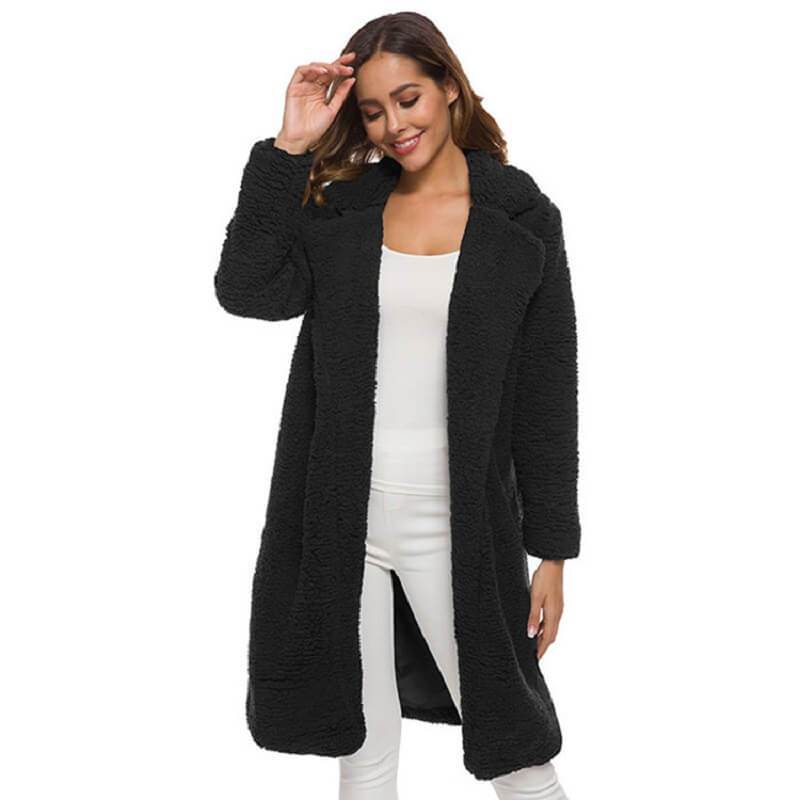 Plus Size Long Wool Coat - black color