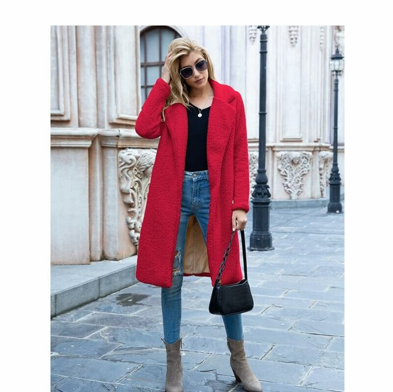 Plus Size Long Wool Coat - red color