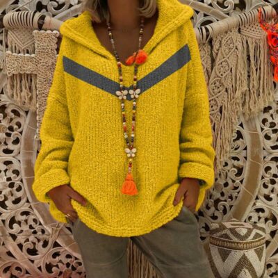 Oversized Grey Hooded Knitted Sweater - yellow positive