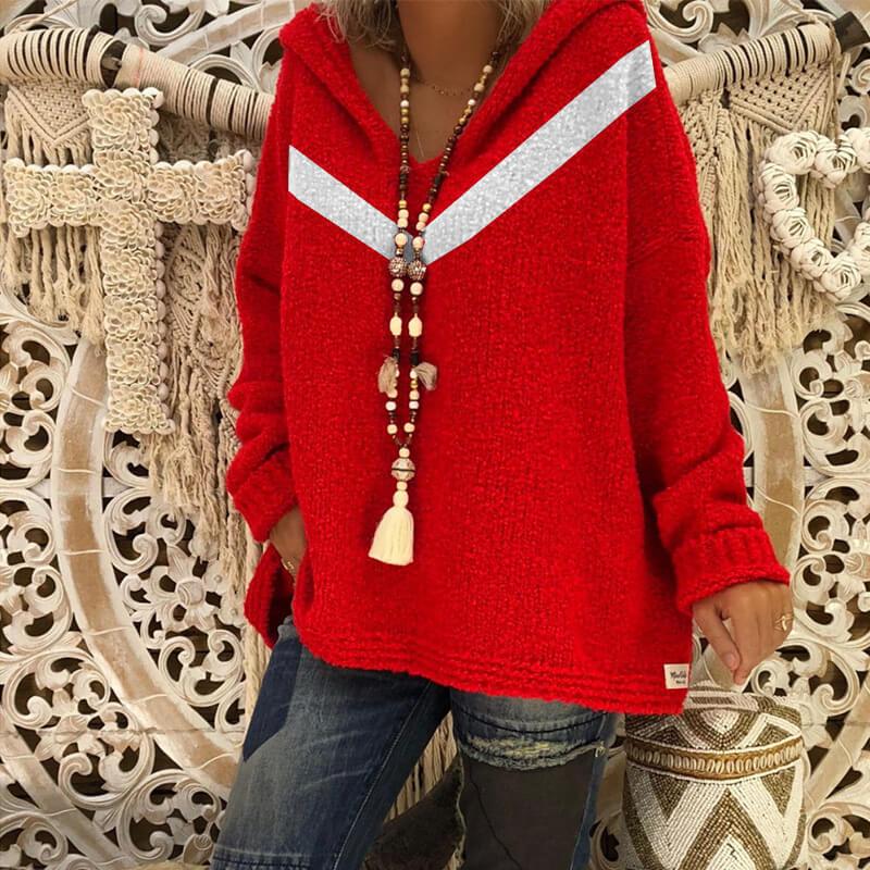 Oversized Grey Hooded Knitted Sweater - red color