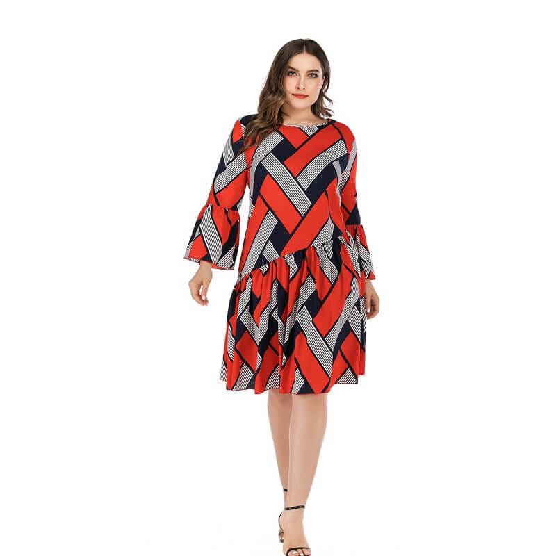 Oversized Two-tone Casual Dress- red whole body