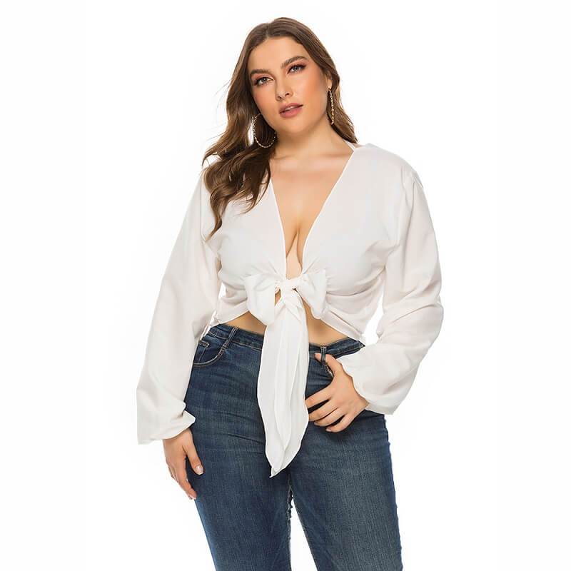 White Long Sleeve Blouse Plus Size - white main picture