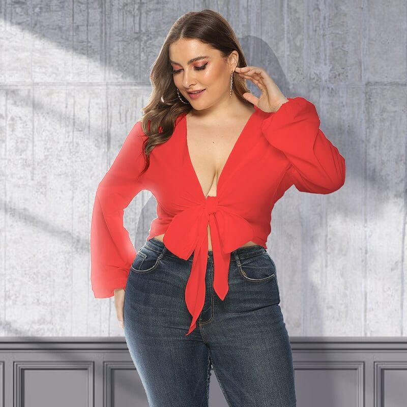 White Long Sleeve Blouse Plus Size - red positive