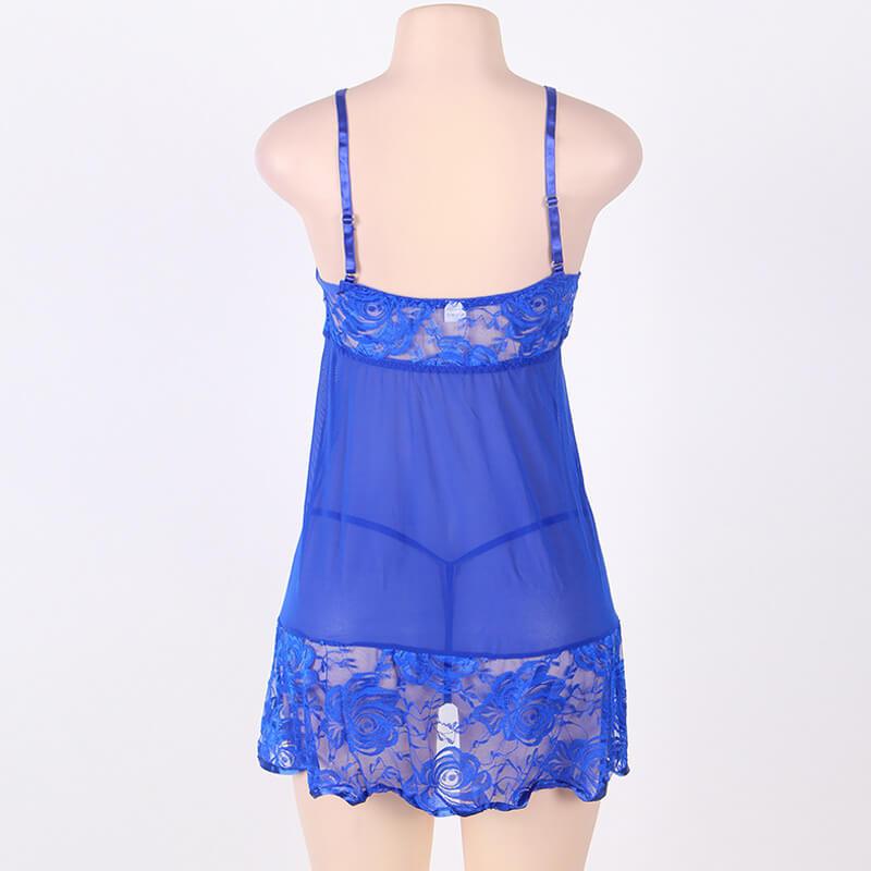 Plus Size Sexy Lace Sling Nightdress - blue behind