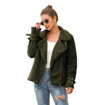 Plus Size Teddy Fur Coat - military green color