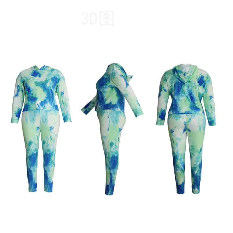 Plus Size Tie-dyed High Collar Two Sets - cyan model picture