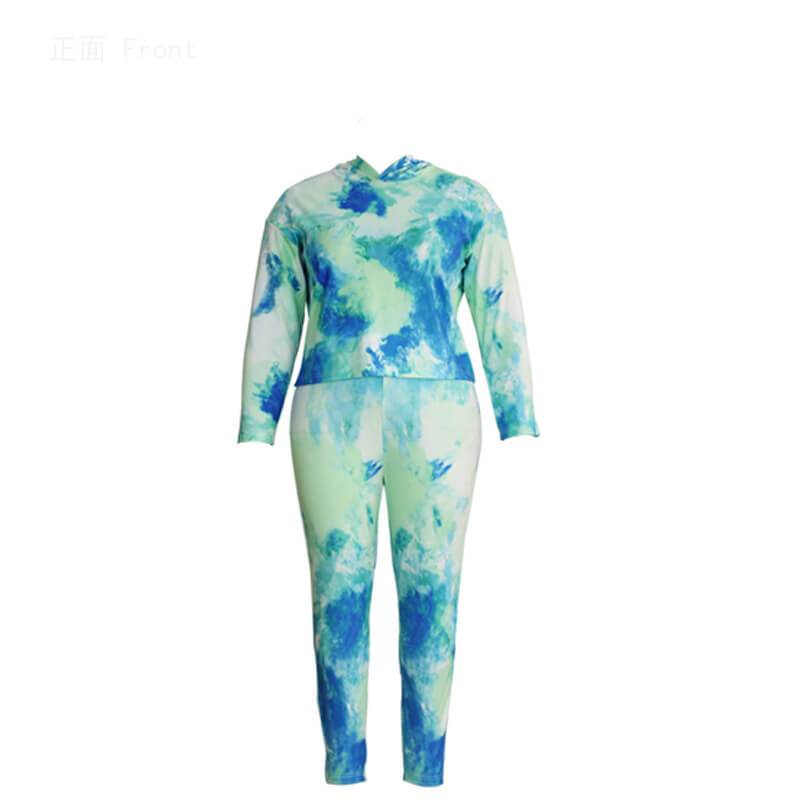 Plus Size Tie-dyed High Collar Two Sets - cyan color