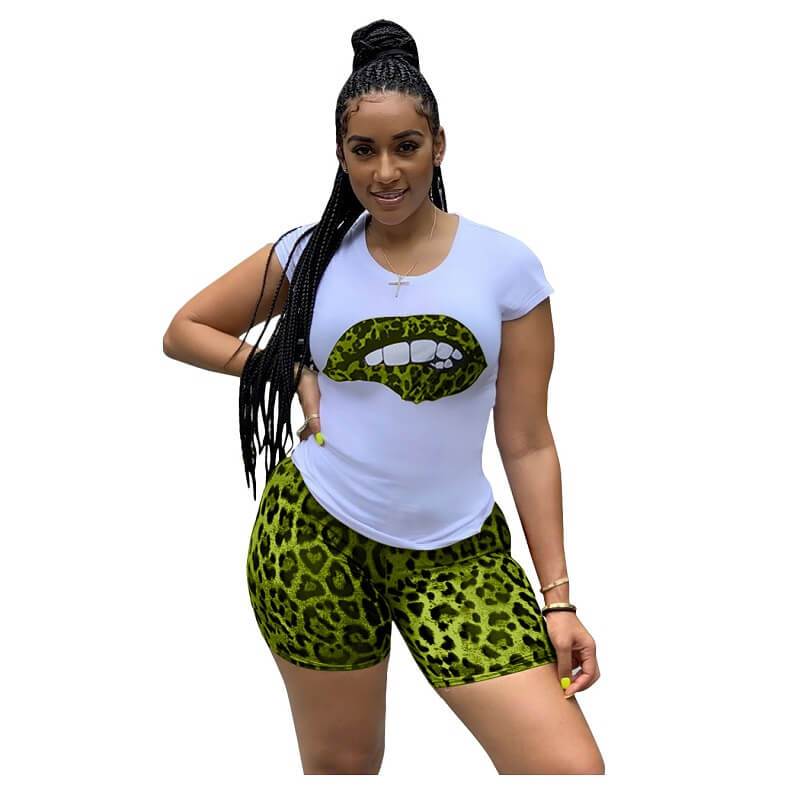 Plus Size Tracksuit Lips Matching Sets-Green color