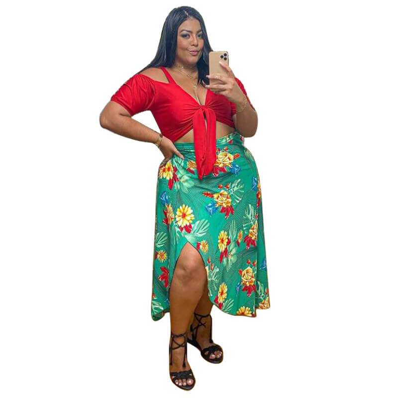 Plus Size Two Piece Skirt Set - green color