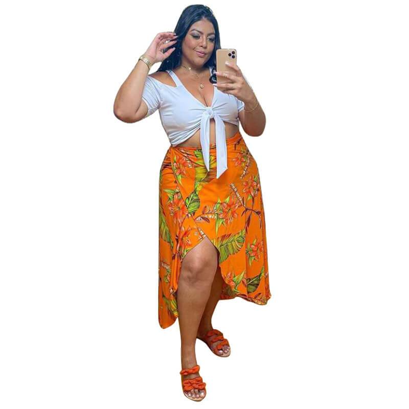 Plus Size Two Piece Skirt Set - yellow color