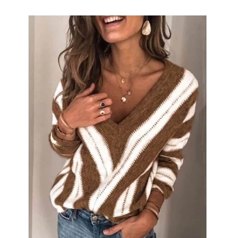 Plus Size V Neck Sweater - brown color