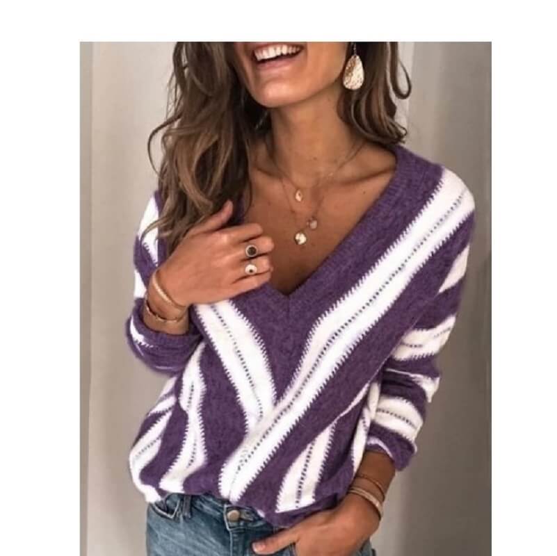 Plus Size V Neck Sweater - purple color