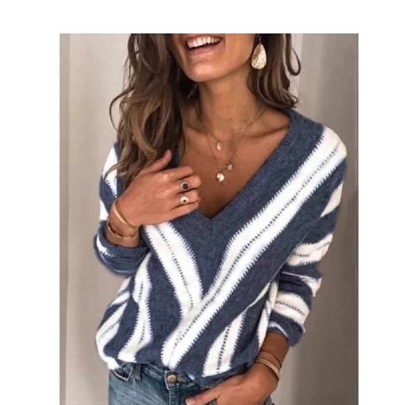 Plus Size V Neck Sweater - blue color