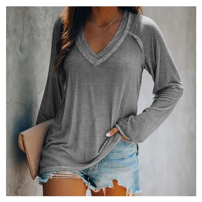 Plus Size White V Neck T Shirt - gray color