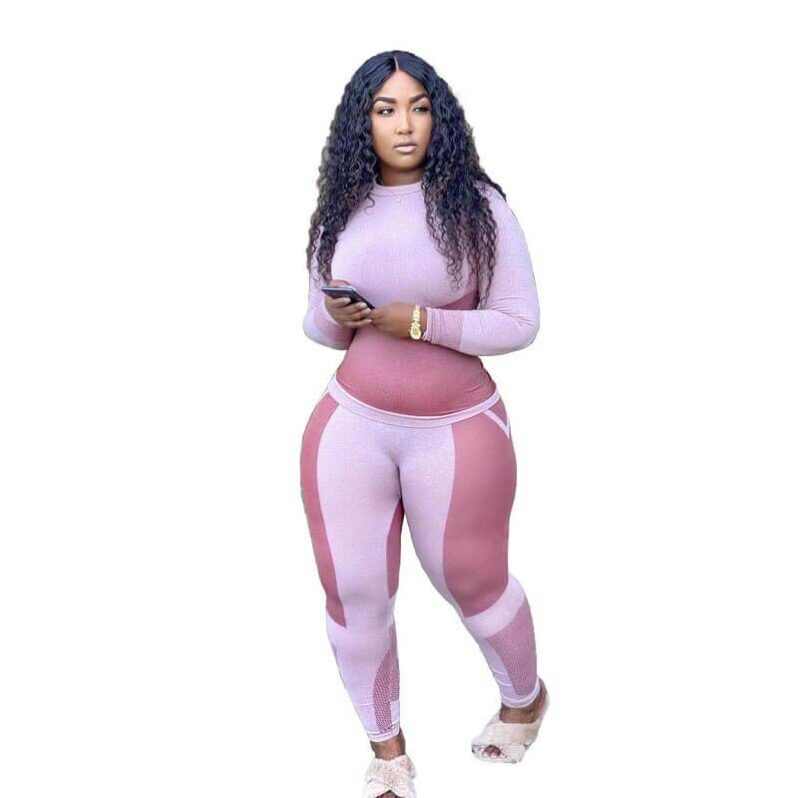 Plus Size Printed Long Sleeve Sports Suit - pink color