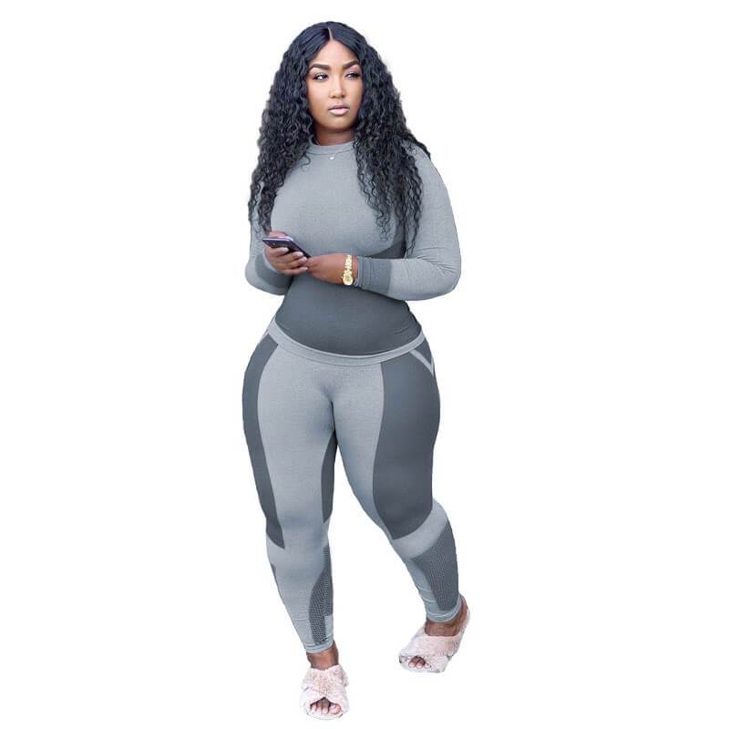 Plus Size Printed Long Sleeve Sports Suit - gray color