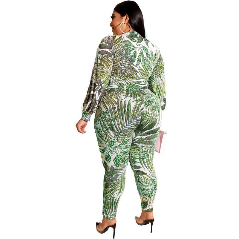 Plus Size Printed Zipper Suit - green back