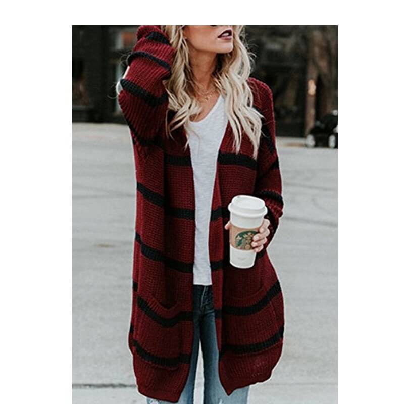 Plus Size Striped Sweater - wine red color