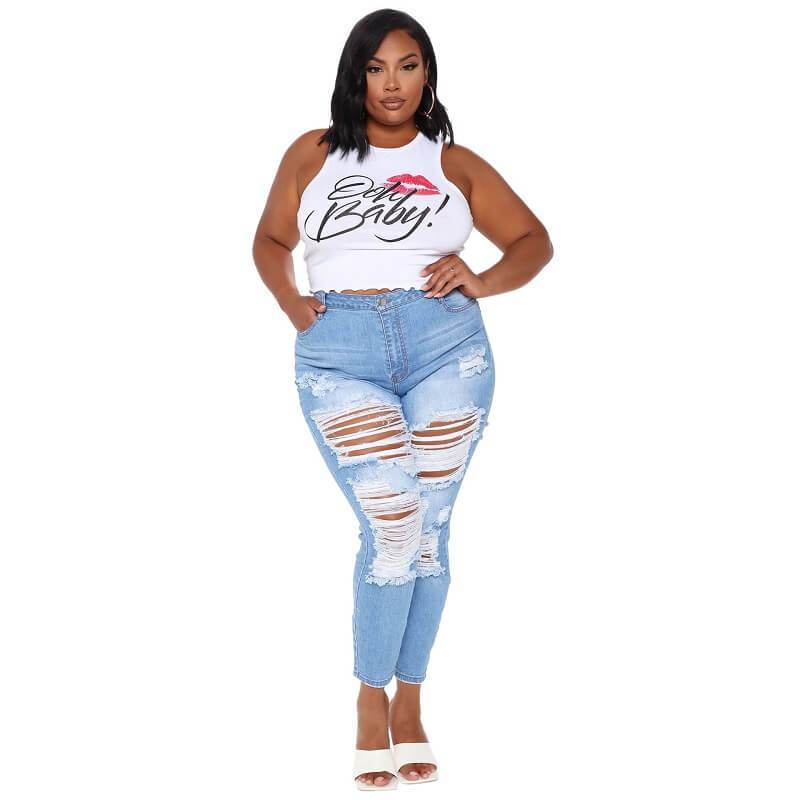 Plus Size Ripped Jeans Cheap - dark blue color