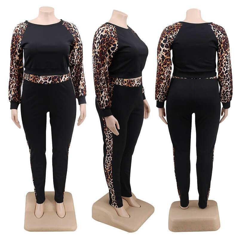 Plus Size Leopard Print Stitched Set - black model picture